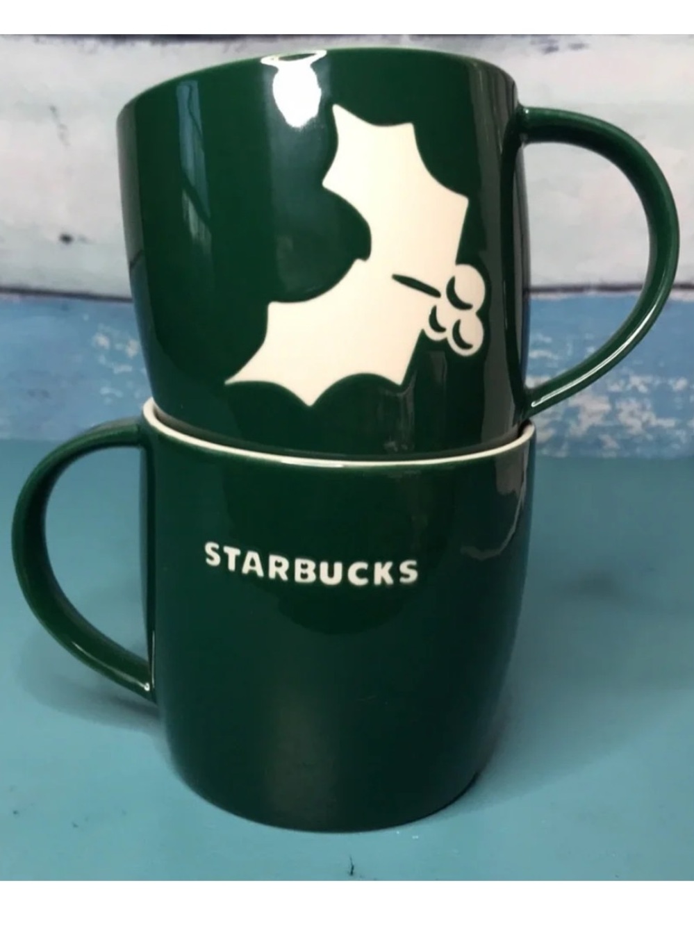 Starbucks Green Ceramic 2011 Holiday Holly Mugs
